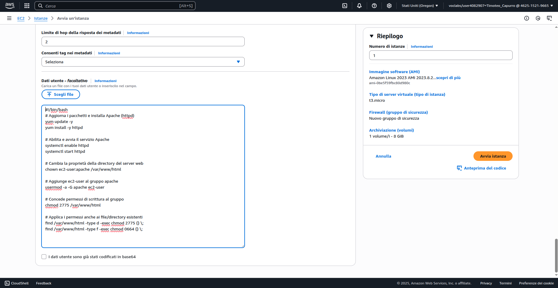 Script di avvio EC2 per installazione Apache