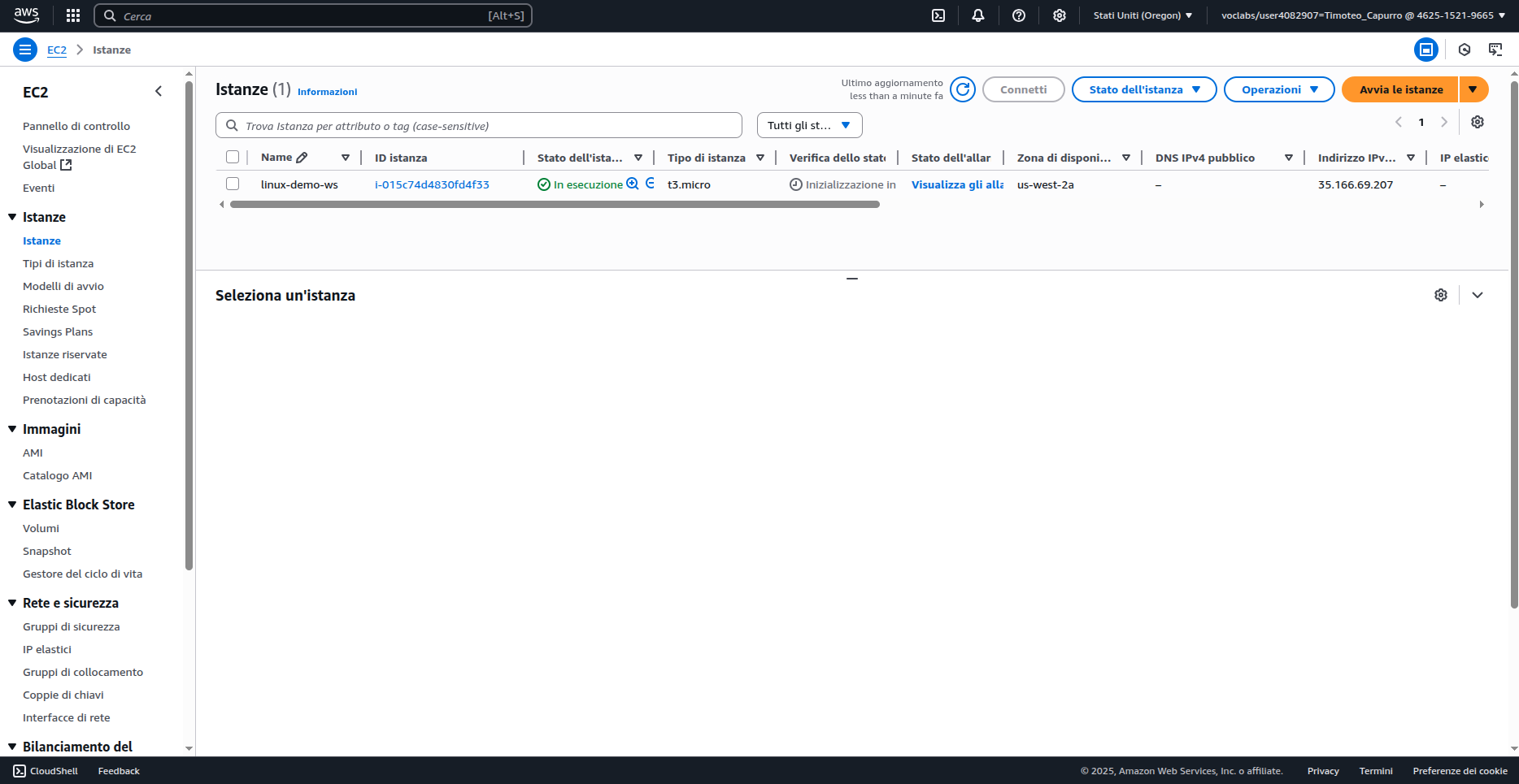 Istanza EC2 in esecuzione nella lista