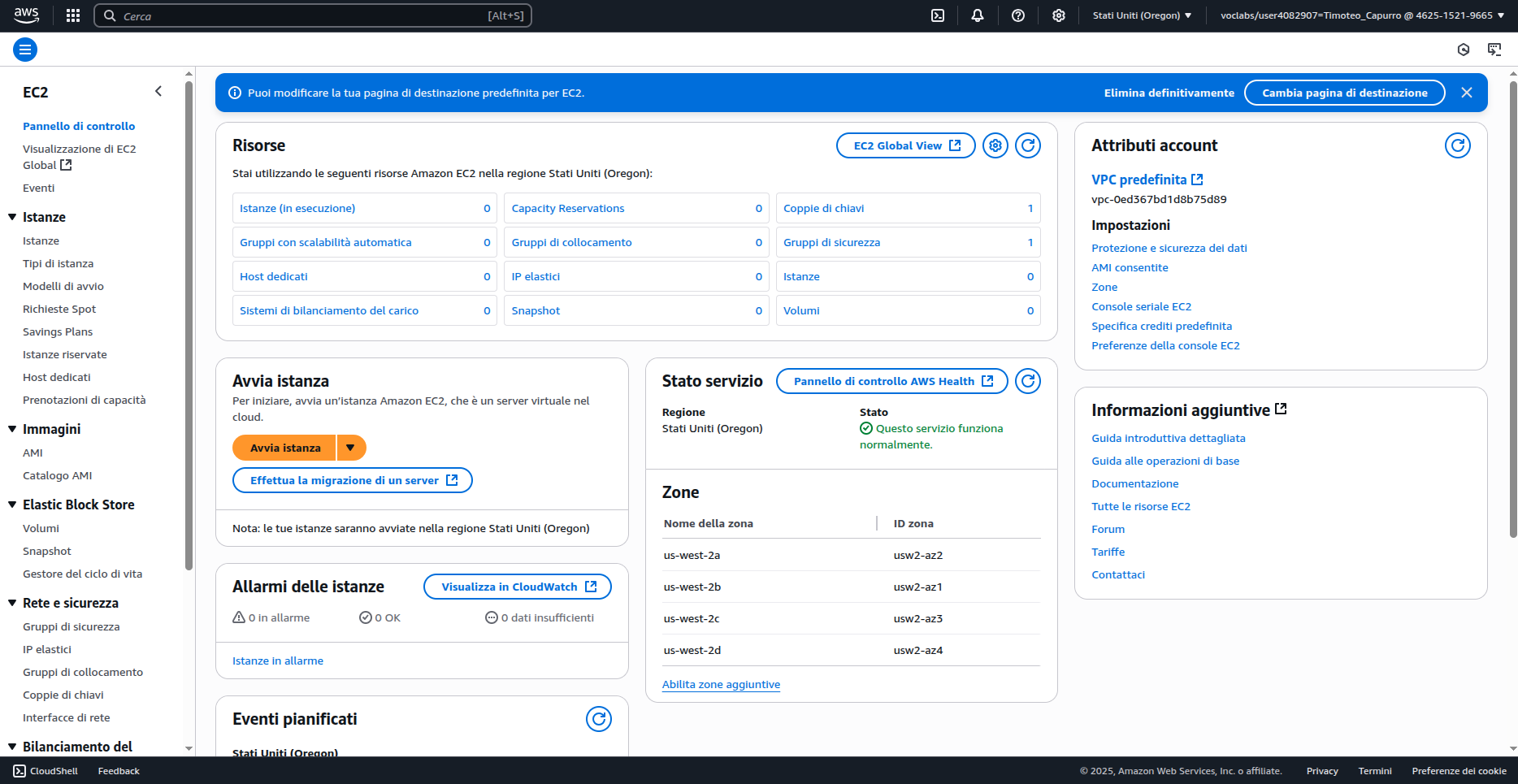 AWS EC2 - Schermata iniziale per il lancio dell'istanza