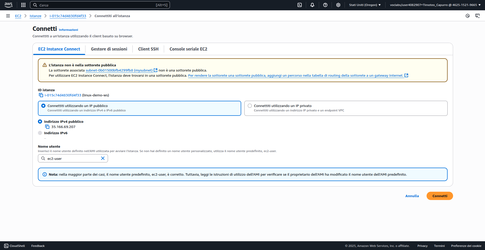 Errore connessione EC2 per sottorete non pubblica