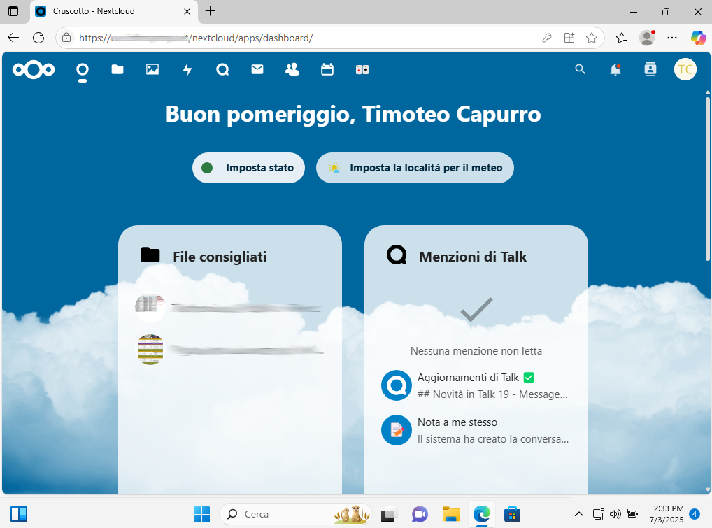 Dashboard web di Nextcloud
