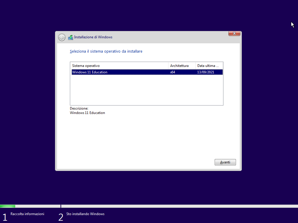 Schermata iniziale dell’installer di Windows 11