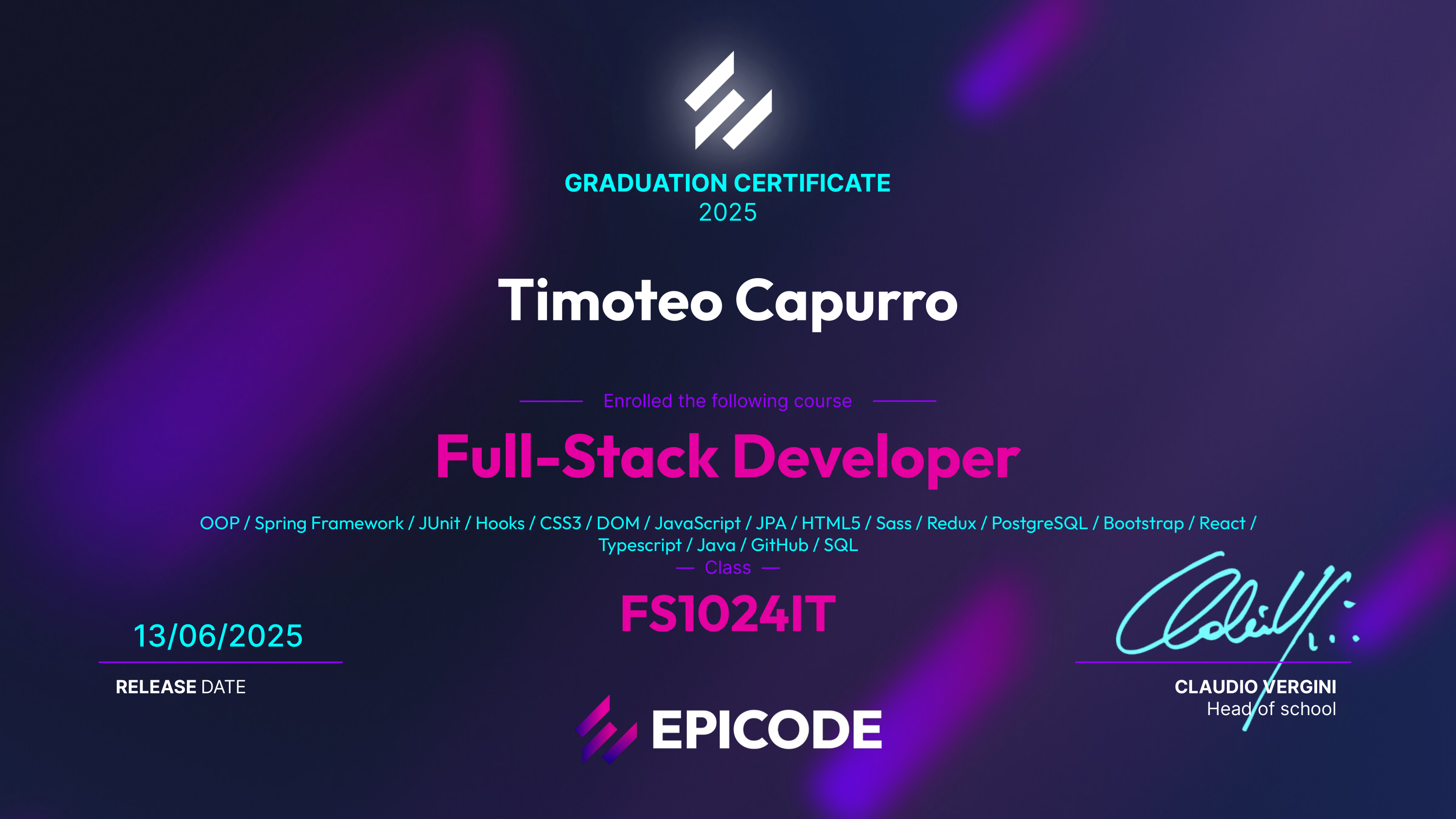 Certificato Epicode Fullstack Development